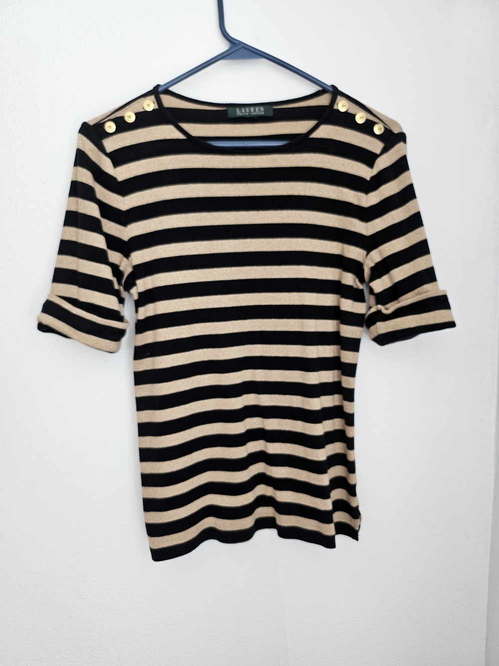 Lauren Ralph Lauren Black and Tan Striped Short-Sleeve Top with Shoulder Buttons